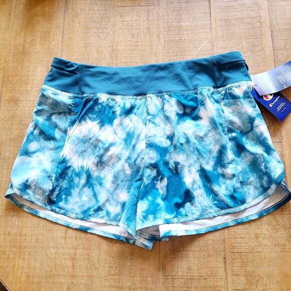 Champion Tie Dye Blue Athletic Shorts Size Large Women's NEW LINER‎ Double Dry - Picture 1 of 8